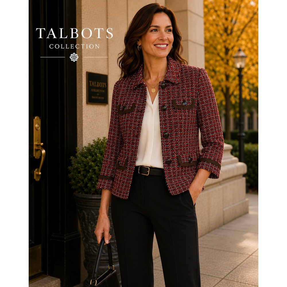 Talbots Collection Blazer Womens 8 Red Boucle Tweed Wool Jacket Dark Academia